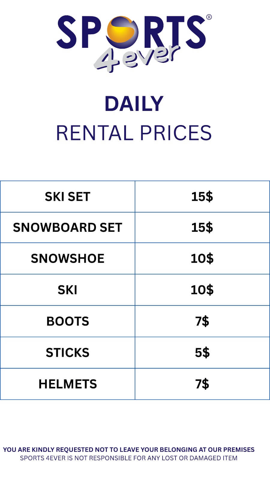 Sports 4ever Shop Daily Rental Prices